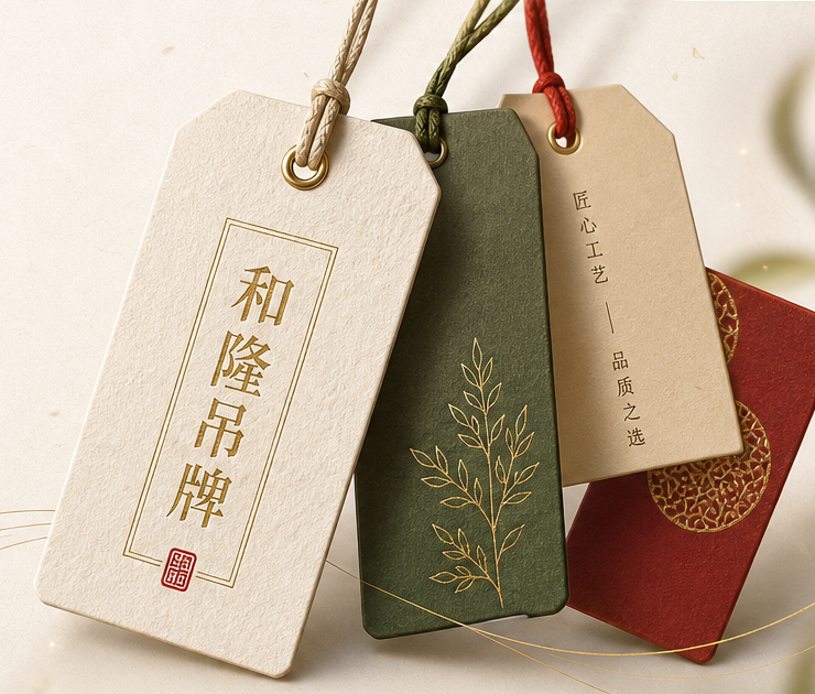 多张服装吊牌与吊绳的纸感展示
